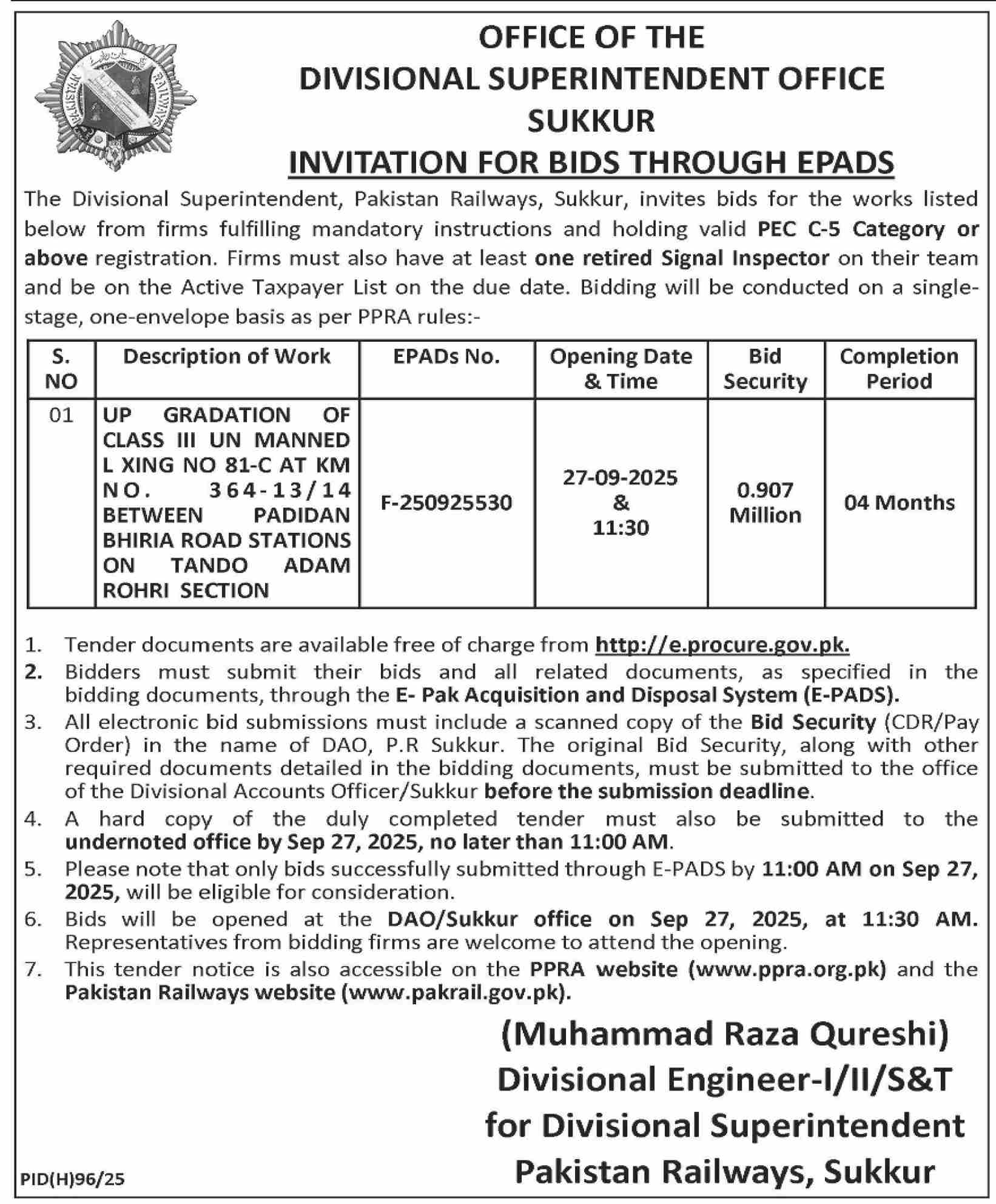 Pakistan Railways Sukkur Tender Notice